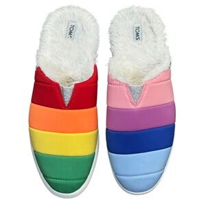 TOMS Rainbow Pride Fuzzy Lined Slip On‎ Mules Slippers Shoes Womens Size 8